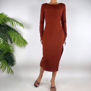 Vintage Brown Classy Fall Bodycon Long Sleeve Ribbed Sweater Cutout Dress / M